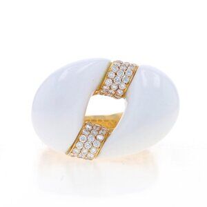 Yellow Gold White Agate Diamond Cluster Cocktail Ring 18k .60ctw Chain Link Sz 7